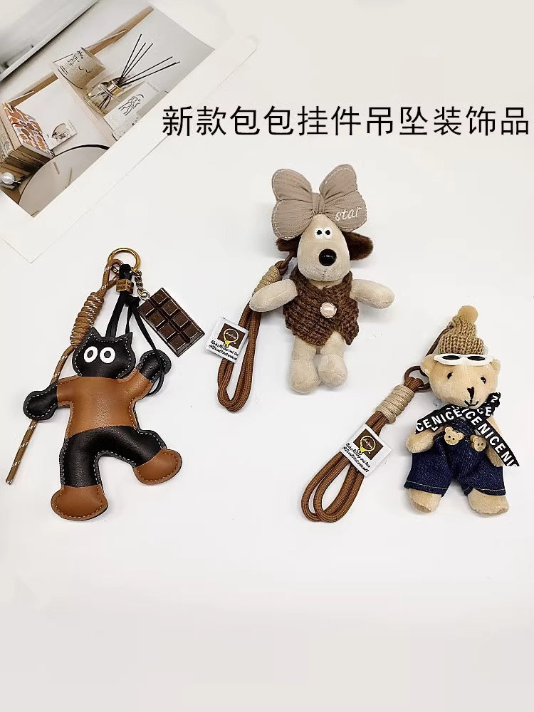 Cartoon PU Cat Keychain Pendant Plush Cute Dinosaur Bag Accessories Leather Car Keychain-7