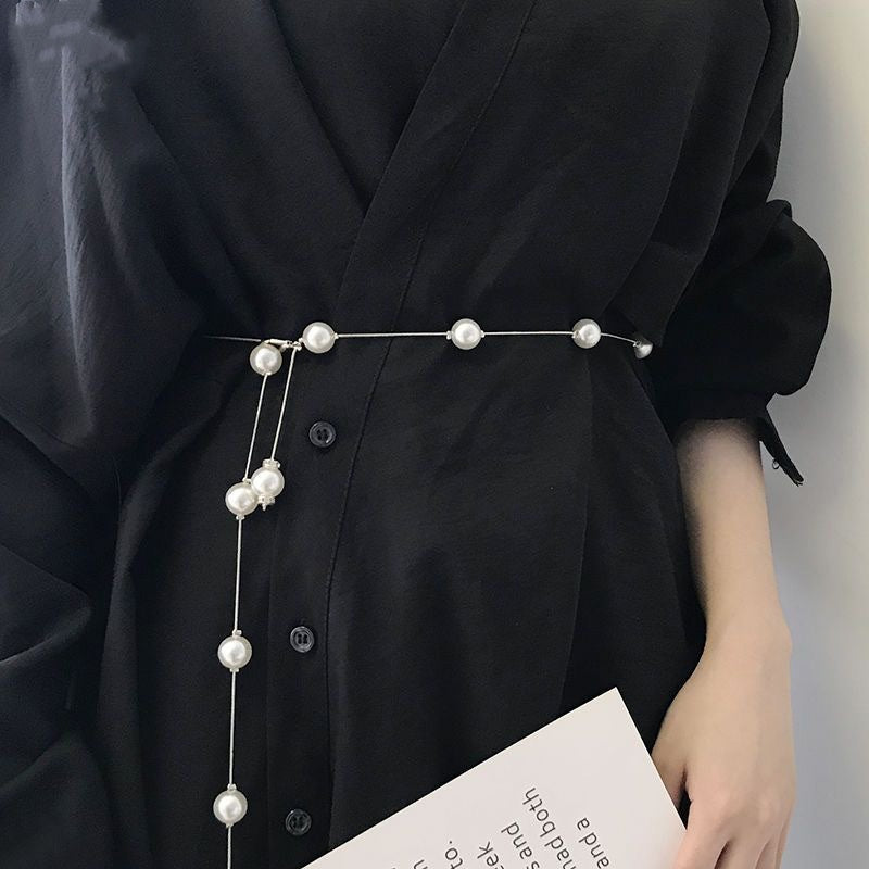 Gold/Silver Adjustable Metal Elegant Pearl Women's Thin Chain Belt For Ladies Dress Skinny Waistband Decorative Jewelry-49