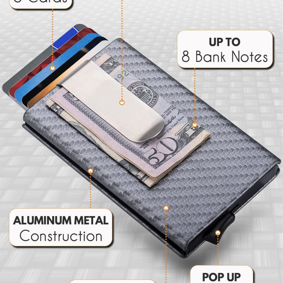 Minimalist Slim Wallet Front Pocket Credit Card Holder for Men Laser Engraving RFID Blocking Auto Pop Up Wallet with Money Clip