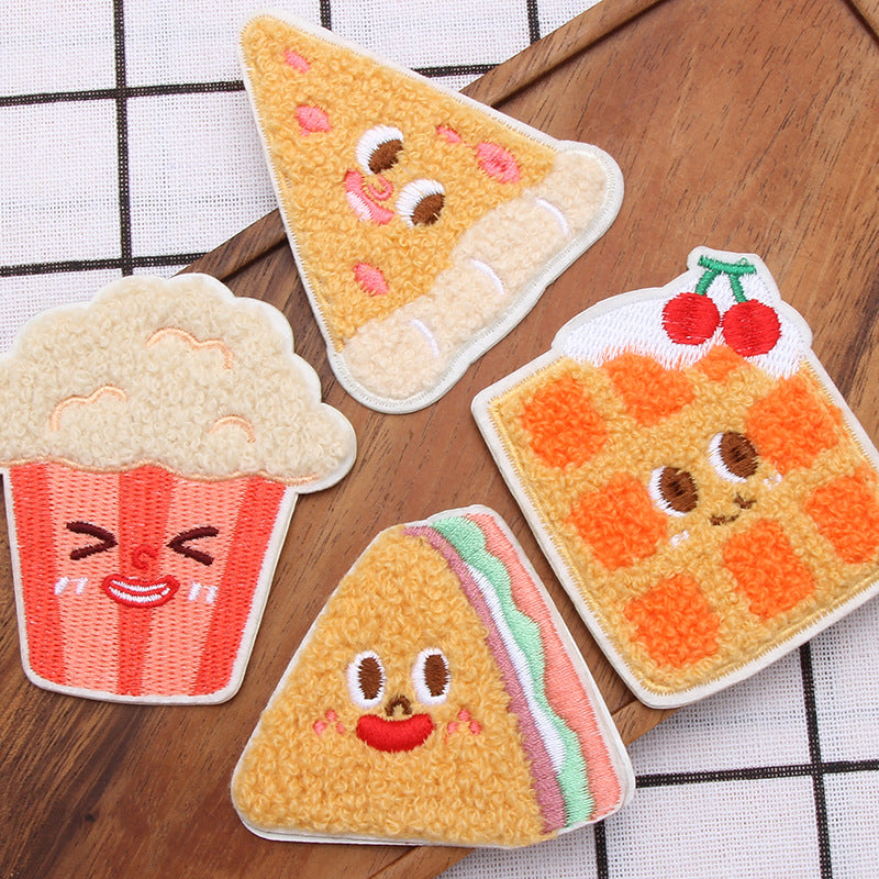 High quality food fries pizza self-adhesive cloth embroidery trimmings towel embroidery patch-89