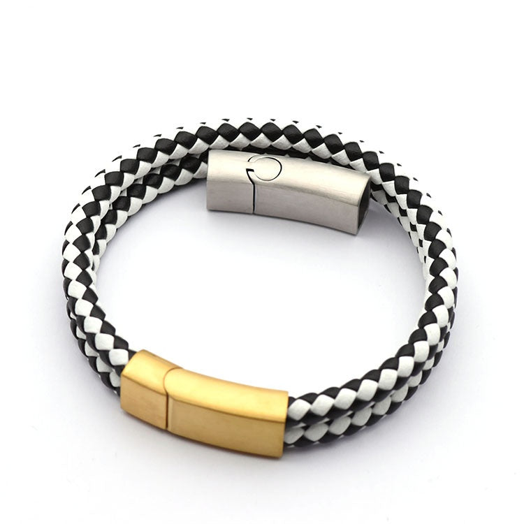 Black Leather & Antique Copper Chain Unisex Cobo Bracelet with Double Antique Silver Magnetic Clasps-21